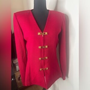 St John Collection Marie Gray Red Knit Gold Accs V Neck Jacket Size 12